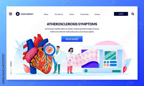 Atherosclerosis symptoms concept. Doctors diagnose human heart, blood vessels and do cardiogram. Vector illustration