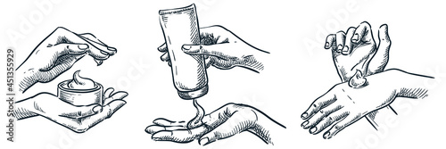 Female hands with jar of cream. Woman applying treatment lotion on cuticle. Hand drawn vector sketch illustration
