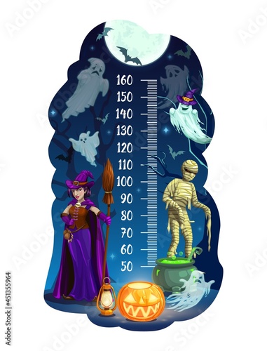 Kids height chart, Halloween monsters and ghosts vector meter. Children growth measure ruler scale or stadiometer wall sticker with Halloween night background, cartoon witch, pumpkin, mummy and bats