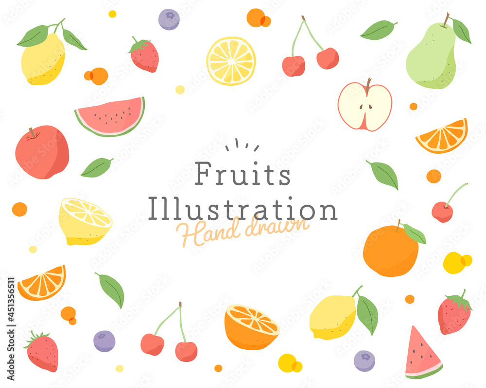 フルーツのイラストのフレーム 果物 背景 テンプレート 果実 かわいい 手描き リンゴ イチゴ Stock Vector Adobe Stock
