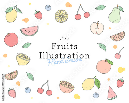 フルーツのイラストのフレーム　果物　背景　テンプレート　果実　かわいい　手描き　リンゴ　イチゴ