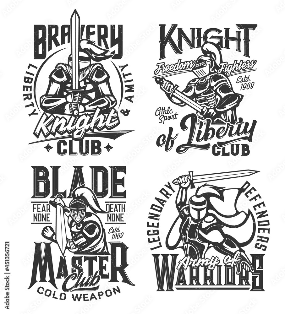 Tshirt prints with knight warriors with sword vector mascots for fighter or cold weapon club apparel design. Medieval knights in helmet with plumage, armor or cape. T shirt prints with typography set Tshirt prints with knight warriors with sword vector mascots for fighter or cold weapon club apparel design. Medieval knights in helmet with plumage, armor or cape. T shirt prints with typography set