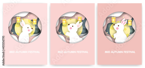 Set of Mid autumn festival cards with cute rabbits.