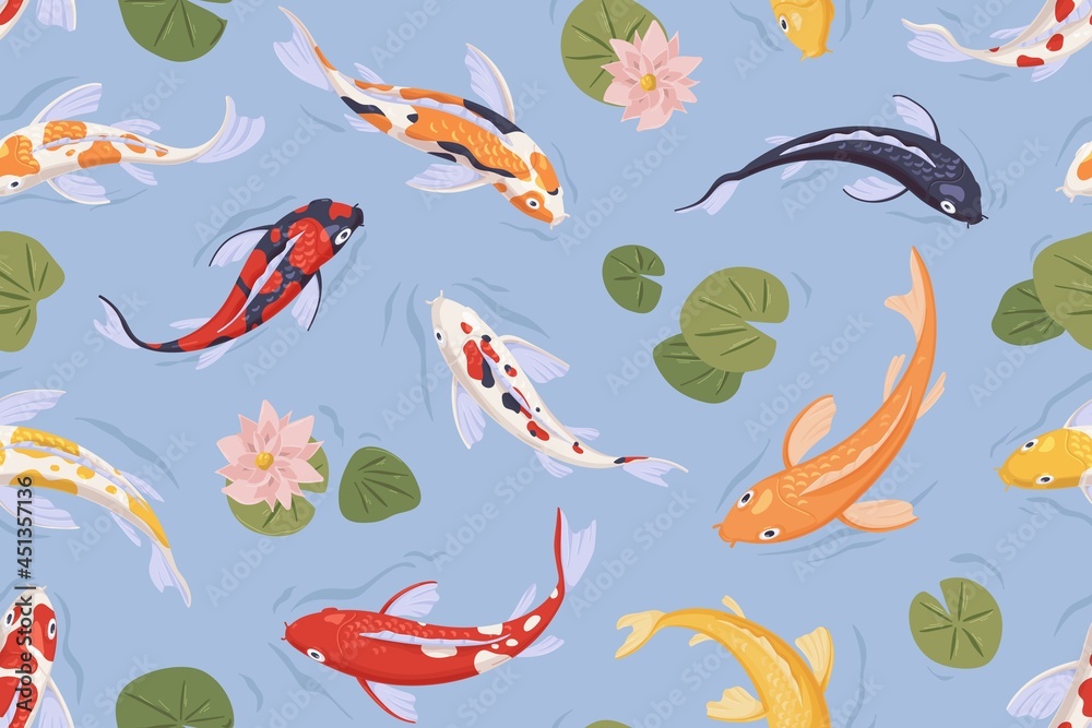 Seamless pattern with Japanese koi fish in pond. Chinese carp