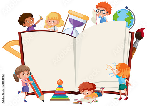 Empty opened book with school kids and stationery elements