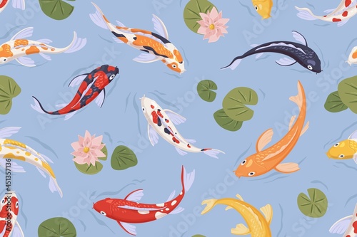 Seamless pattern with Japanese koi fish in pond. Chinese carp background. Endless repeatable Japan texture. Printable oriental backdrop. Colored flat vector illustration for printing and decoration