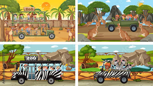 Set of different safari scenes with animals and kids cartoon character