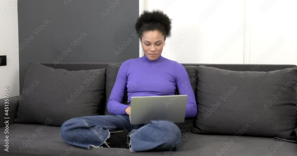 African American woman professional call center agent, hr manager having distance webcam chat job interview on computer in office. Smiling black woman making conference video call on laptop. African American woman professional call center agent, hr manager having distance webcam chat job interview on computer in office. Smiling black woman making conference video call on laptop.