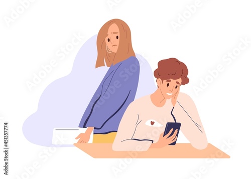Sad jealous woman suffer from unrequited love, looking at man's phone and spying while her beloved with smartphone messaging online and cheating. Flat vector illustration isolated on white background