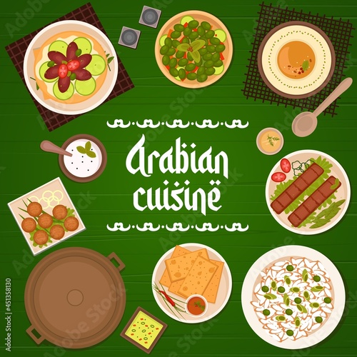 Arabian cuisine meat meals  dishes with vegetables menu cover. Chickpea falafel  hummus and matzah  flatbread lahmacun  beef kebab and rice with onion and pea  sour cream  pickled olives vector