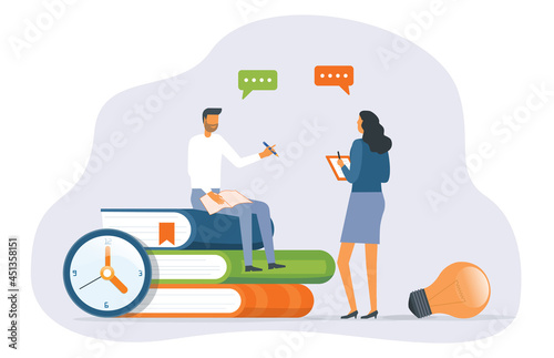 Businessman sitting on textbook working and meeting with team. People talking for education planning. 