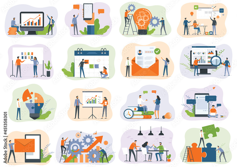 Obraz premium Set of vector business illustration design concept. Business marketing team plan meeting. people working collaboration with social network. and can use for web landing page banner 