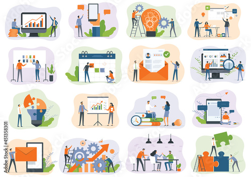 Set of vector business illustration design concept. Business marketing team plan meeting. people working collaboration with social network. and can use for web landing page banner 