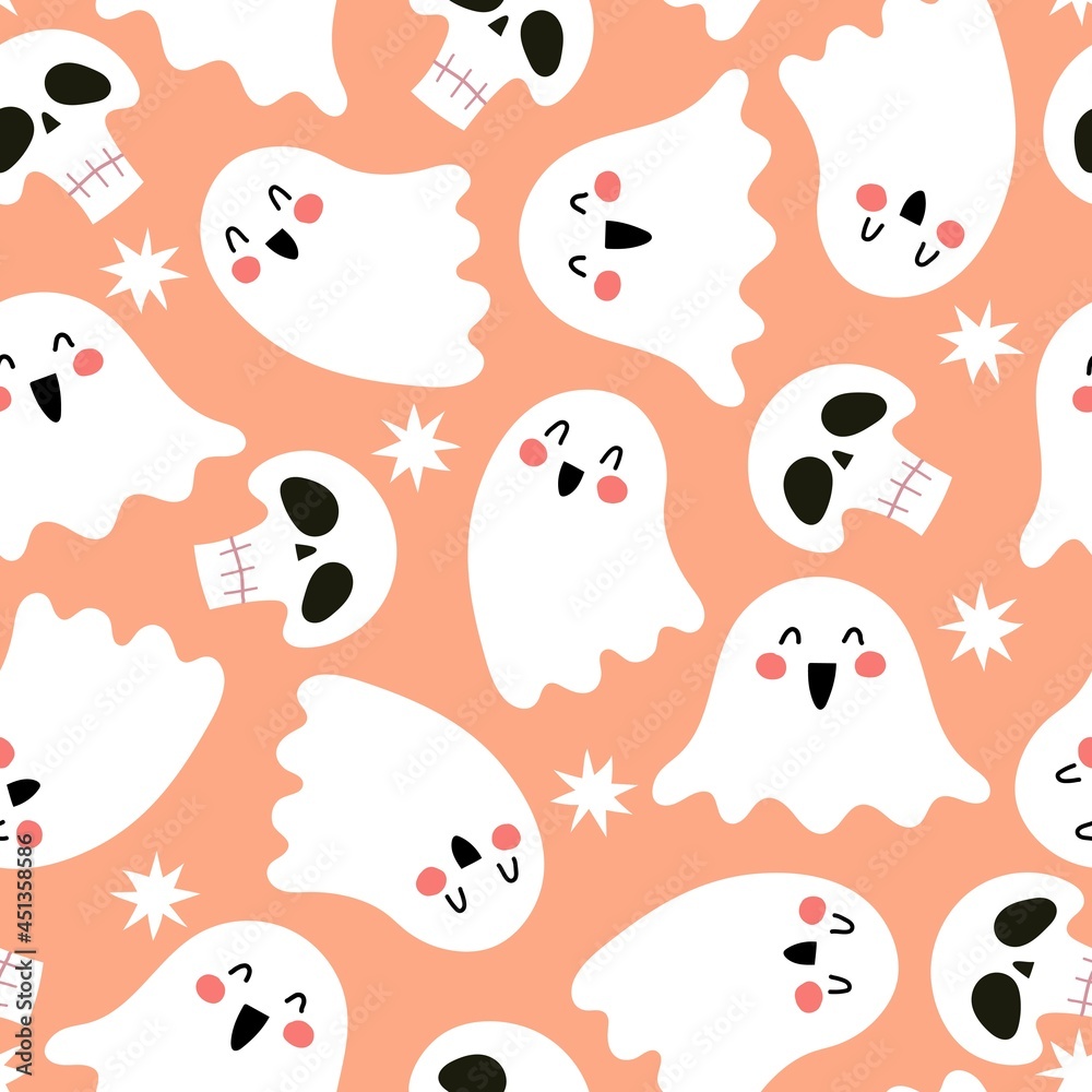 Halloween seamless pattern with cartoon ghost, skull, decoration elements. Colorful vector flat style. holiday theme. hand drawing. design for fabric, print, wrapper, textile
