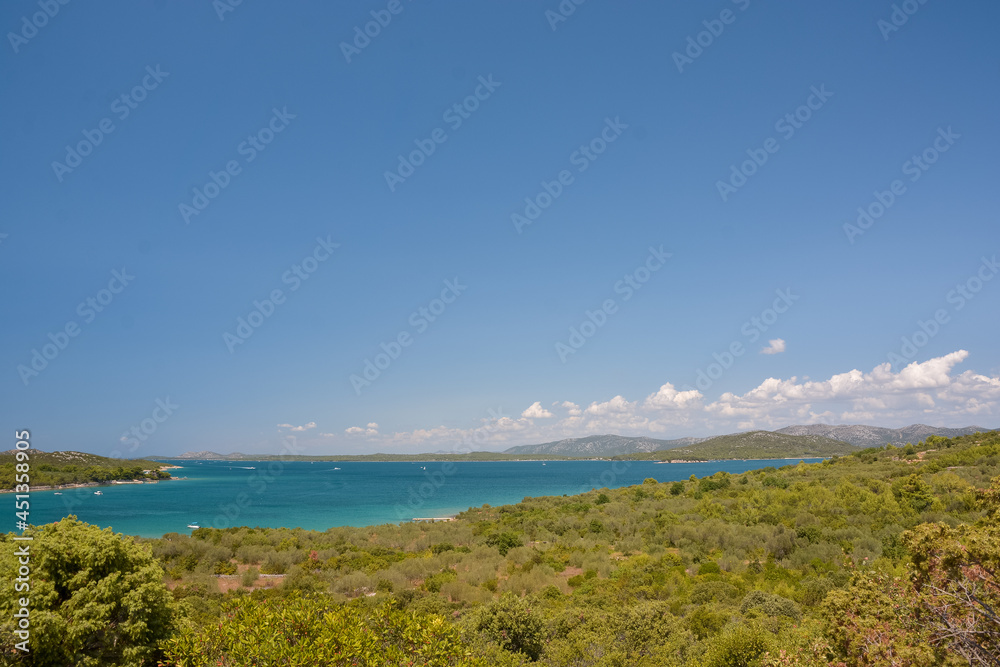 idyllic seascape near murter in croatia with green bushes in the foreground and crystal blue sea