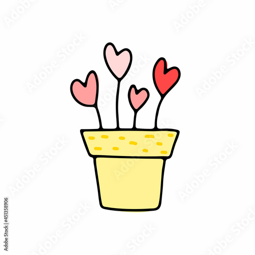 Doodle plant in the shape of a heart. Hand drawn leaves  succulent  flower. Pink home herb in pot isolated on white background. Vector love illustration for interior decor  holiday  Valentines Day