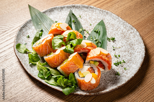 sushi set on the wooden background