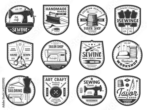 Sewing and tailor vector icons with threads, needles, buttons and sewing machines. Sew crafts and needlework tool isolated pins and spool, fabric and hanger, measure tape, mannequin, scissors