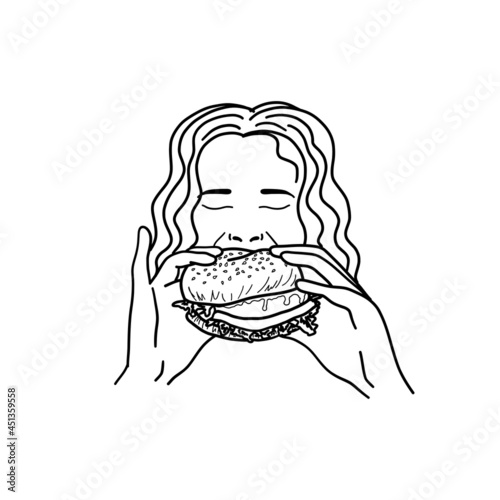 Woman eating burger. Outline sketch. Girl holding a hamburger in her hands. Fast food concept. Vector illustration.