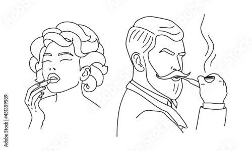 Retro lady and gentleman. A bearded man with a pipe and a woman with lipstick. Outline sketch. Elegant classic style couple. Vector illustration.