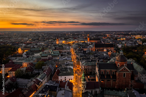 Aerial view of Old Town (Grodzka Street) in Krakow at night