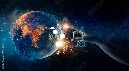 Hand touching earth and global network connection, Telecommunication communication, Social media and digital marketing, Business data exchanges, Investment, Financial and banking of new era..