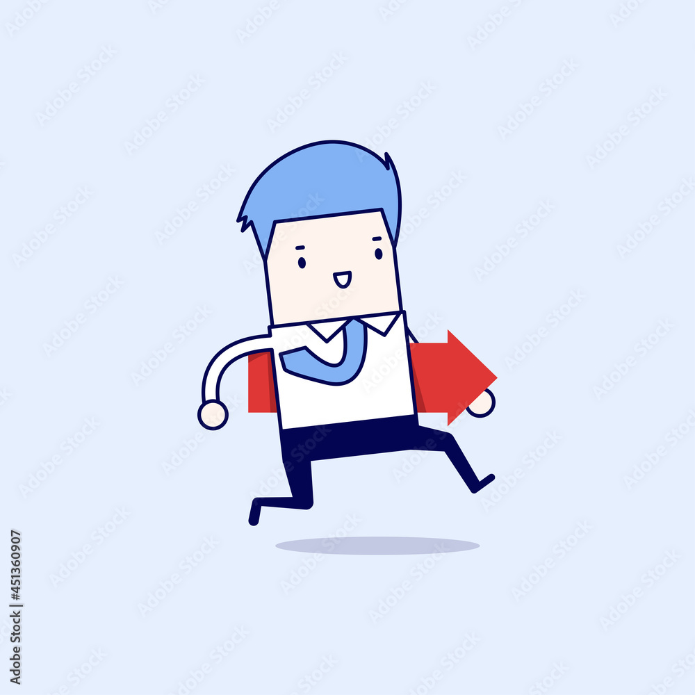 Businessman running and hold red arrow. Cartoon character thin line style vector. Businessman running and hold red arrow. Cartoon character thin line style vector.