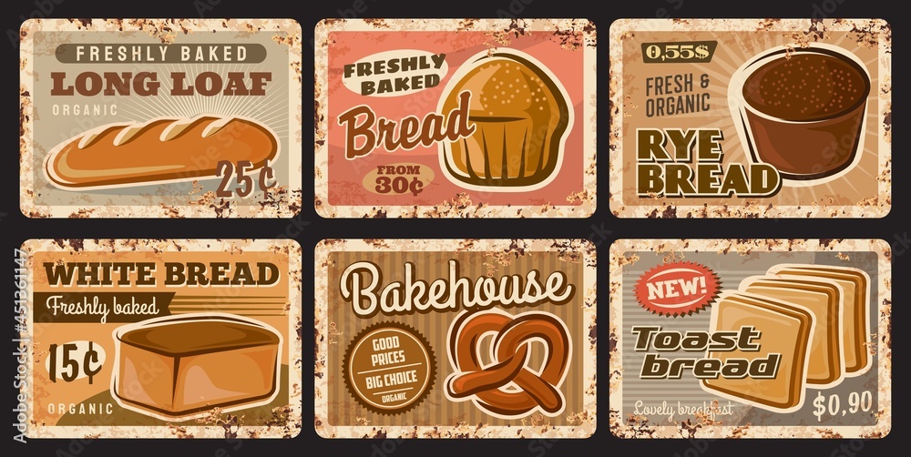 Bakery shop and bread rusty plates of food vector design. Wheat and rye bread loaves, baguette, toast, pretzel, cereal flour bun and long loaf bread vintage tin plates of baker shop, bakehouse design