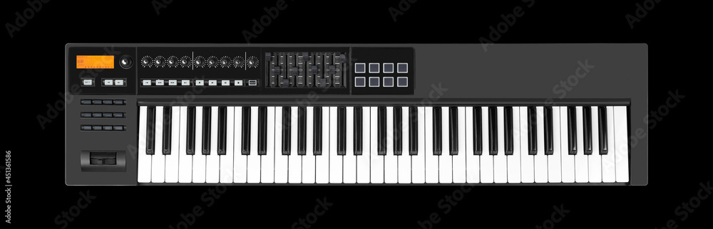 Musical instrument - MIDI keyboard isolated black background Musical instrument - MIDI keyboard isolated black background