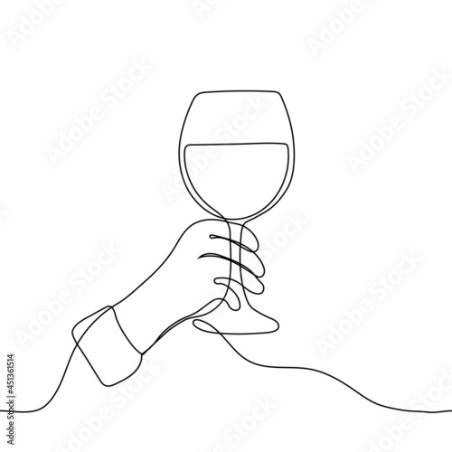 lonely hand holds a full glass of wine - one line drawing. illustration on the theme of wine tasting, winemaking, winery logo, sommelier logo