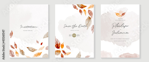 Autumn wedding invitation card vector.  Luxury background design  with golden texture  Flower and botanical leaves watercolor hand drawing. Abstract art cover design for wedding and VIP invite card.