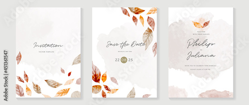 Autumn wedding invitation card vector.  Luxury background design  with golden texture, Flower and botanical leaves watercolor hand drawing. Abstract art cover design for wedding and VIP invite card.