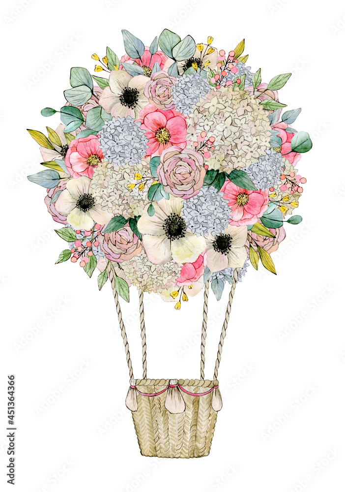 Watercolor illustration with air balloon, flowers and leaves of