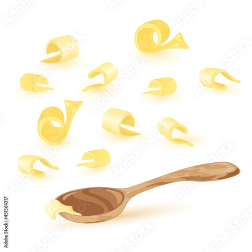 Cartoon creamy butter curl and spoon. Vector rolled slices of fresh milk product, margarine or spread. Twisted pieces of farm dairy products isolated on white