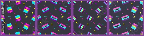 A collection of nostalgic patterns in the style of the 90s. Seamless patterns with audio cassettes, floppy disks, retro TVs. Vector illustration