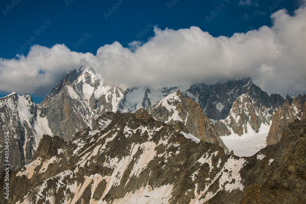 Fototapeta premium View of the giant massif of Monte Bianco in Valle d'Aosta during summer day of july in Italy, Europe