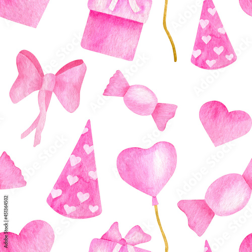 Watercolor happy birthday seamless pattern. Hand drawn pink party hat, candy, gift box, balloon, lollipop, ribbon bow. Cute Birthday party background. Girl birthday celebration