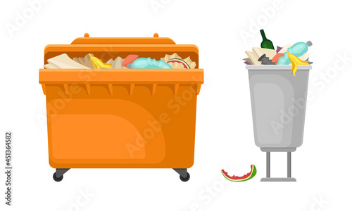 Containers for garbage set. Metal and plastic bins for waste vector illustration