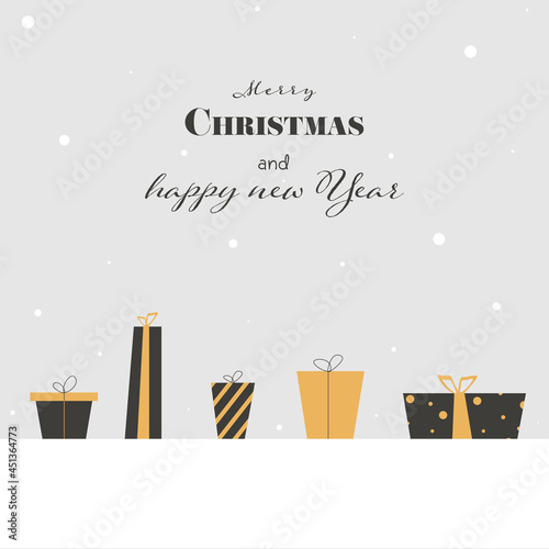 Merry Christmas and happy new Year - Geschenkkarte  abstrakte Geschenke mit verschieden Mustern in Gold und Schwarz stehen im Schnee nebeneinander  Banner  Vektor