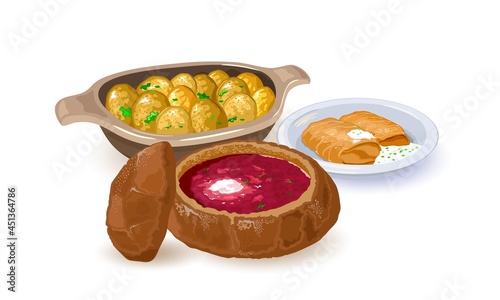 Tasty national dish served in whole grain bread, delicious sour cream and piece of greenery. Tasty fingerling potatoes baked with dill in sheet pan. Isolated on white background