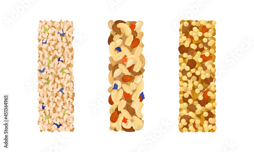 Various vector granola bars with sesame seeds, nuts, hazelnuts, puffed rice set. Healthy, energy, protein bars vector illustration