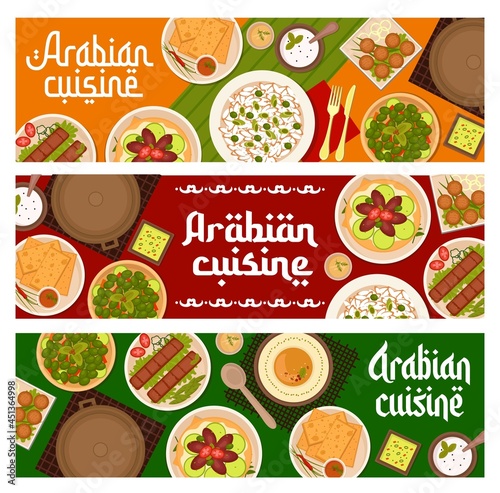 Arabian cuisine restaurant meals banners. Beef kebab, chickpea falafel and hummus, rice with green onion and pea, matzah with sauce and pickled olives, flatbread lahmacun with vegetables vector