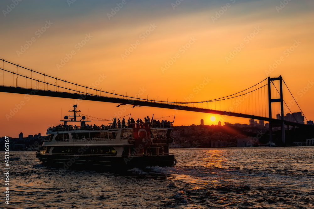 Ferryboat under Bosphorus Bridge. Istanbul, Turkey