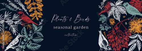 Hand sketched autumn banner design in color. Trendy botanical template with autumn leaves, berries, flowers and bird sketches. Perfect for elegant invitation, cards, flyers, menu, label, packaging.