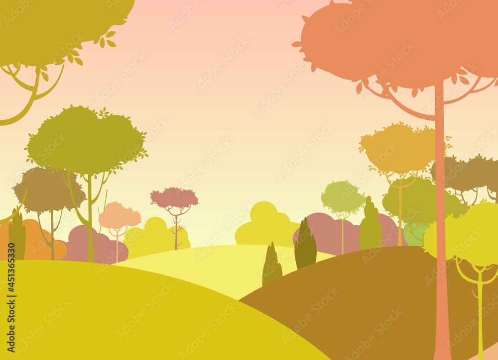 Silhouette autumn landscape. Beautiful scenic plant. Evening. Cartoon style. Hills with grass and trees. Cool romantic pretty. Flat design background illustration. Vector art
