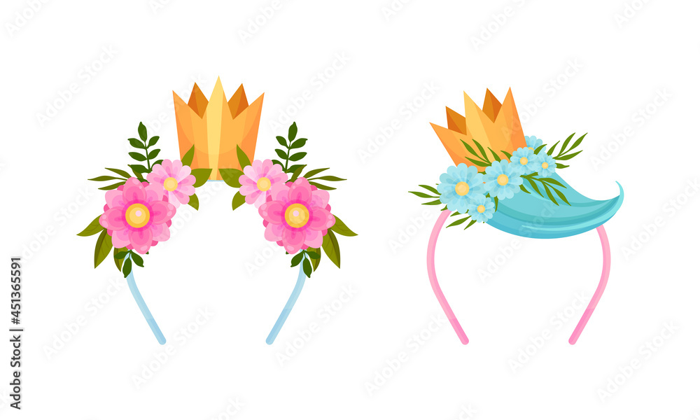 Set of headbands with golden crown with blooming flowers and strand of hair cartoon vector illustration