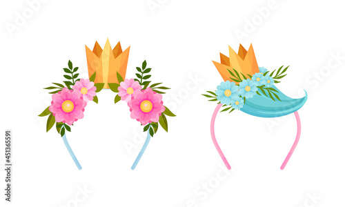 Set of headbands with golden crown with blooming flowers and strand of hair cartoon vector illustration