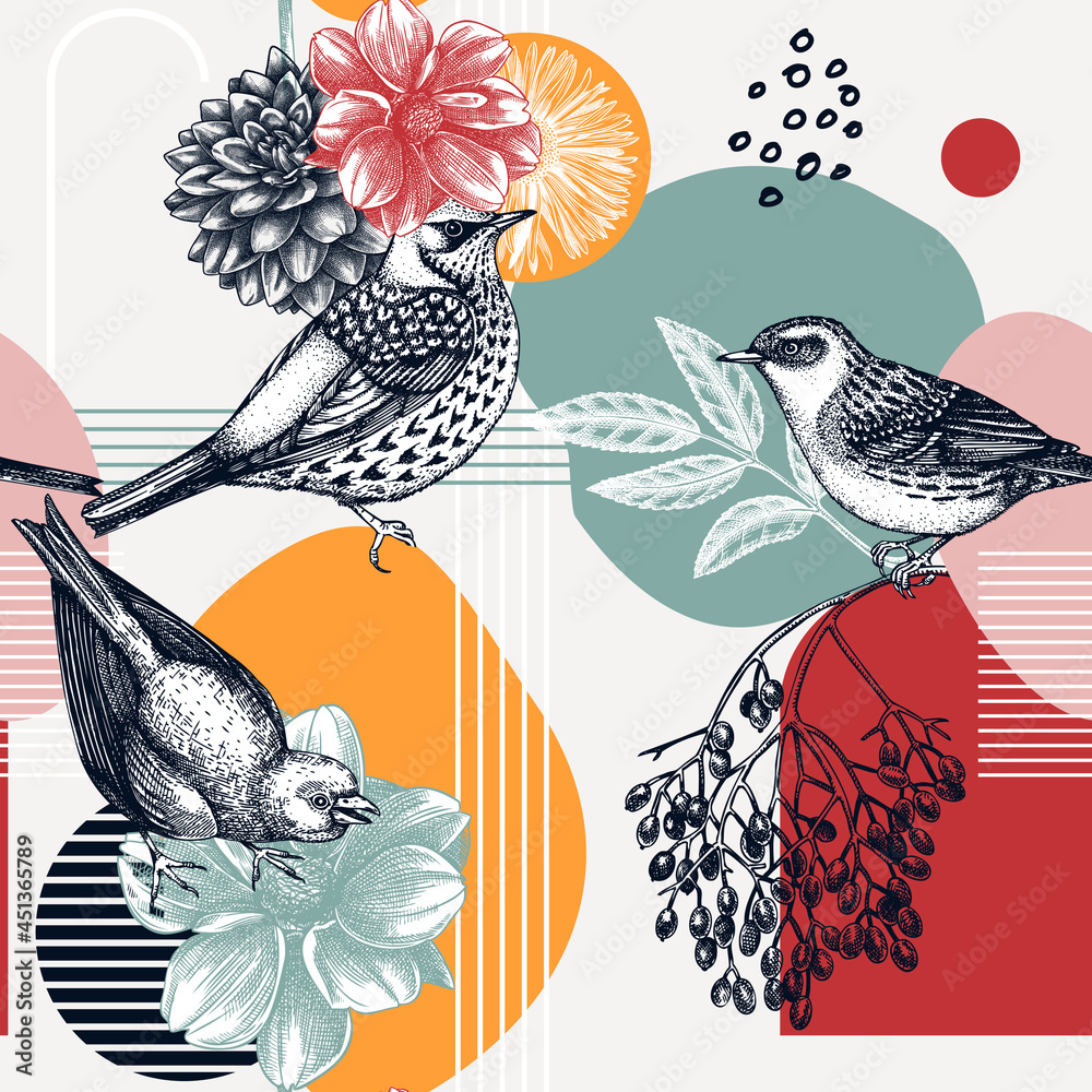 Collage style seamless pattern design. Hand-sketched bird on dahlia flower. Trendy background with botanical, geometric shapes, and abstract elements. Perfect for print, wrapping paper, packaging
