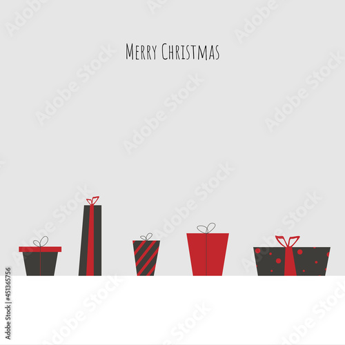 Merry Christmas - Geschenkkarte, abstrakte Geschenke mit verschieden Mustern in Rot und Schwarz stehen im Schnee nebeneinander, Banner, Vektor