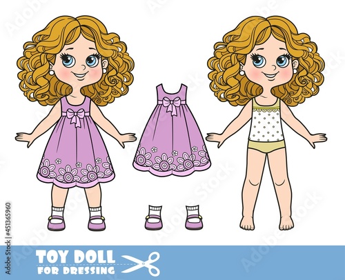 Cartoon girl with curle haired in underwear, dressed and clothes separately -  purple dress with flowers and sandals doll for dressing